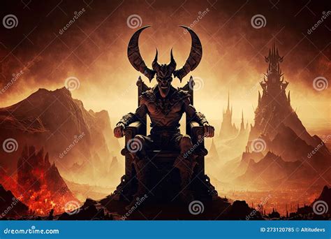 Devil Sitting On Throne With View Of Hellish Landscape In The