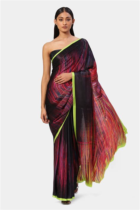 Buy Black Georgette Satin Embellished Crystal The Orbit Saree For Women