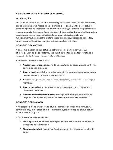 Diferença Entre Anatomia E Fisiologia - Diferenças entre Anatomia e Fisiologia | PDF | Anatomia | Corpo humano