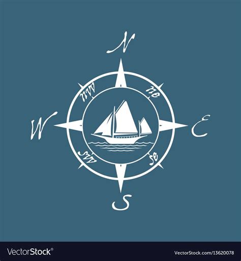 A Compass With A Sailboat On The Water In Blue And White Color Scheme For Logo Or Emblem Design