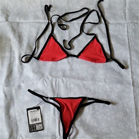 Sherrylo Swim Red And Black String Thong Bikini Poshmark