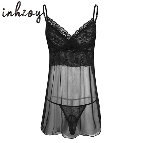 Fashion White Mens Sissy Lingerie Sheer Mesh Floral Lace Crossdress Mini Dress Panties G String