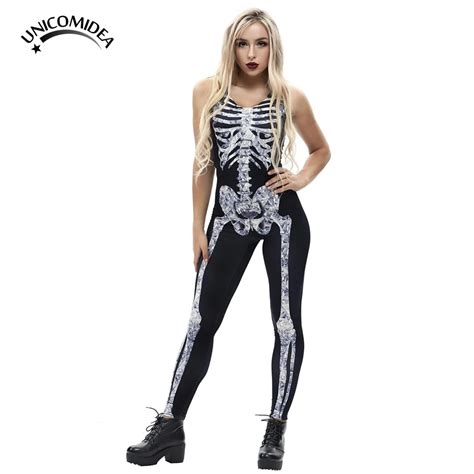 Women Skull Skeleton Halloween Black Bodysuit Sexy Sleeveless Jumpsuit Punk Gothic Nicht Club