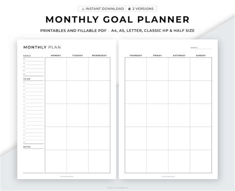 Monthly Goal Planner Printable, Monthly Planner, Productivity Planner ...