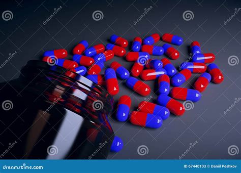 Brown Glass Bottle With Red And Blue Pills Stock Illustration
