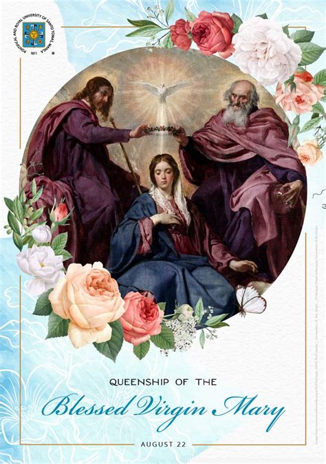 An Image Of The Virgin Mary And Jesus With Flowers Around Her On A Blue Background