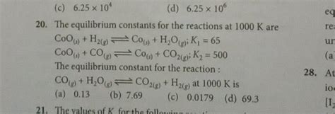 The Equilibrium Constants For The Reactions At 1000 K Are CoO S H2 G