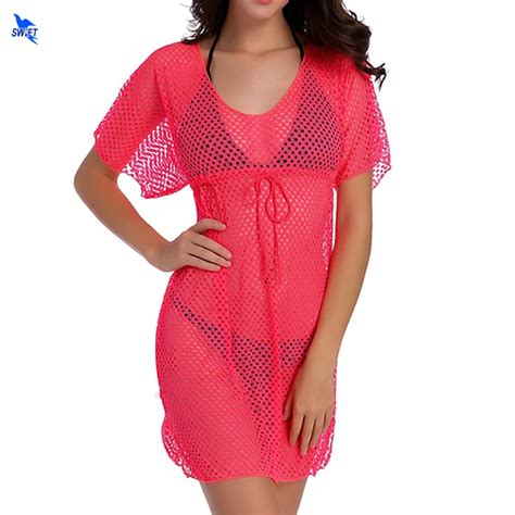New Tunic Sexy Beach Dresses Women Transparent Fishnet Crochet Mesh Bikini Cover Up Swimwear