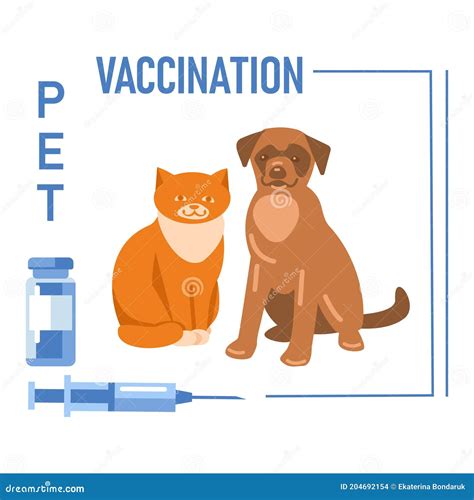 Dog and Cat. Caption: Pet Vaccination. Syringe, Vaccine Bottle. Vector