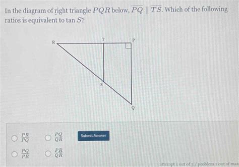 Solved In The Diagram Of Right Triangle Pqr Below Overline Pqoverline Ts Which Of The