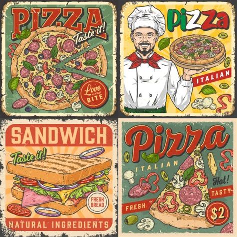 Hot Pizza Set Colorful Posters Royalty Free Vector Image