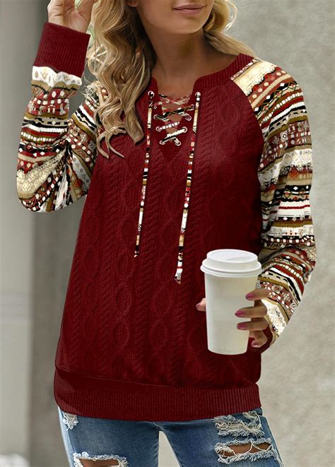 Wine Red Patchwork Tribal Print Long Sleeve Split Neck Sweatshirt