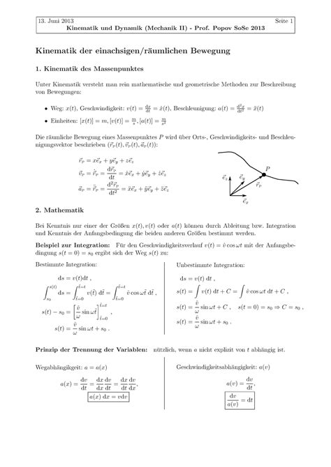 Mechanik Ii Formelsammlung Sose Kinematik Und Dynamik Mechanik