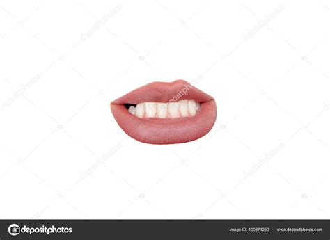 Close Up View Of Female Mouth Wearing Nude Lipstick Isolated Over White Studio Background