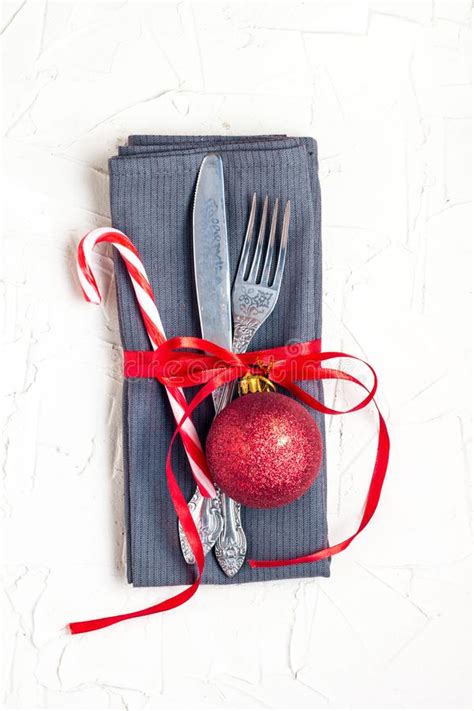 Christmas Table Place Setting With Knife Fork Red Ball Candy Cane