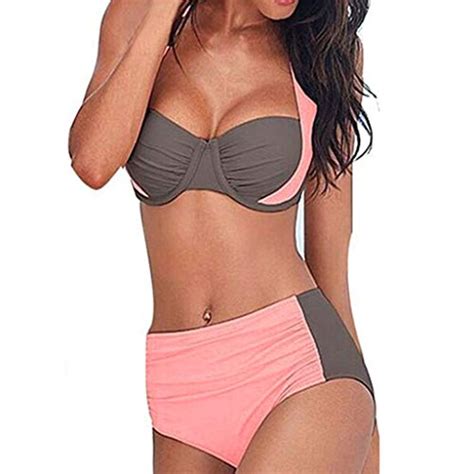 Women Plus Size Striped Sets Bikini Set Swimwear Push Up Padded Tankini Pink