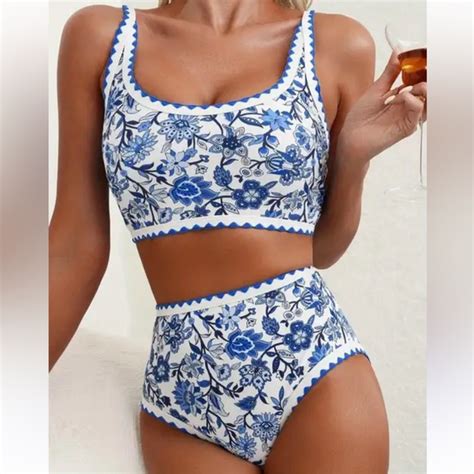 Swim Two Piece High Waisted Bikini Set Boho Floral Print Swimsuit Tummy Size Medium Poshmark