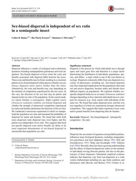 Sex Biased Dispersal Is Independent Of Sex Ratio In A Semiaquatic Insect Request PDF