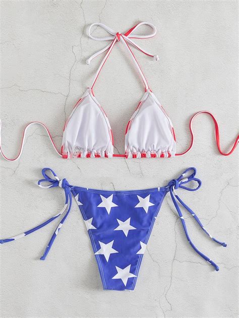 Shein Swim Summer Beach American Flag Bikini Set Halter Triangle Bra Top Tie Side Bikini