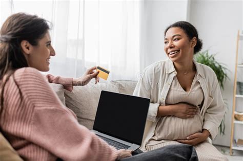 Cheerful Lesbian Woman Looking At Pregnant Stock Photo Image Of