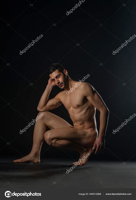 Portrait Naked Male Model Posing Squatted Black Studio Background Stock Photo By Gorgev 464512888