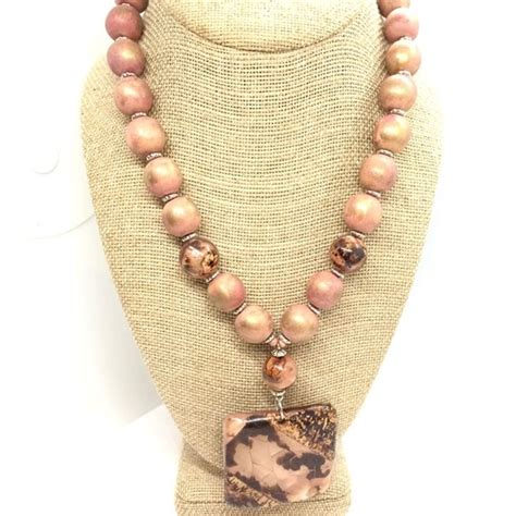 Vintage Wood Coconut Shell Necklace Bead Boho Bohemia Gem