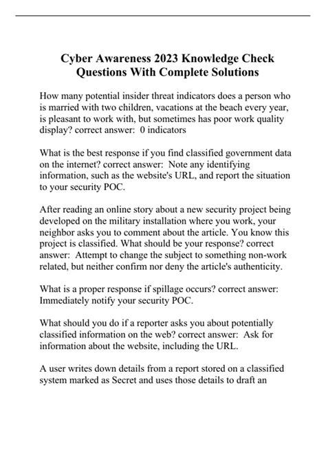 Cyber Awareness 2023 Knowledge Check Questions With Complete Solutions