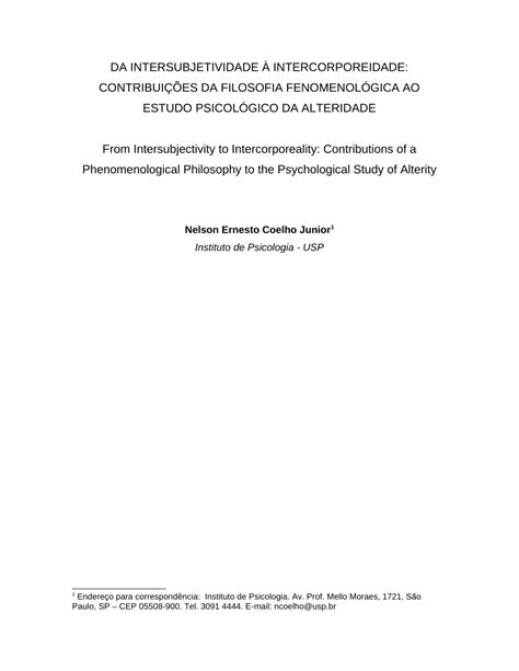 (PDF) From intersubjectivity to intercorporeality: contributions of a phenomenological ...