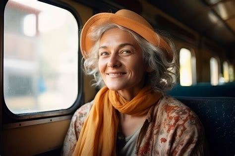 Premium Photo Mature Woman In A Hat Rides The Bus
