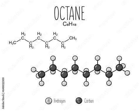 Octane skeletal structure and flat model representation, isolated on a ...