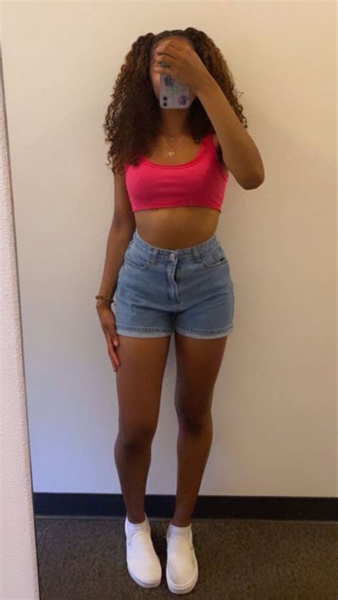 Hot Pink Crop Top Denim Shorts Jorts White Vans Curly Hair Black Girl