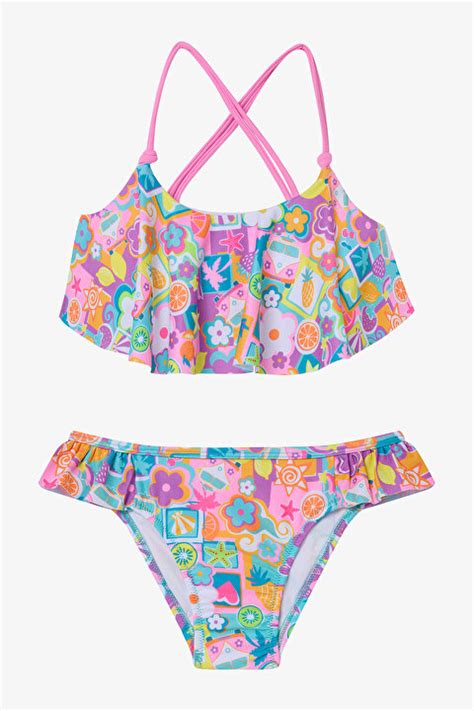 Kız Çocuk Holiday Mode Fırfırlı Bandeau Bikini Takımı PLU KC IY MIX Çok Renkli Penti