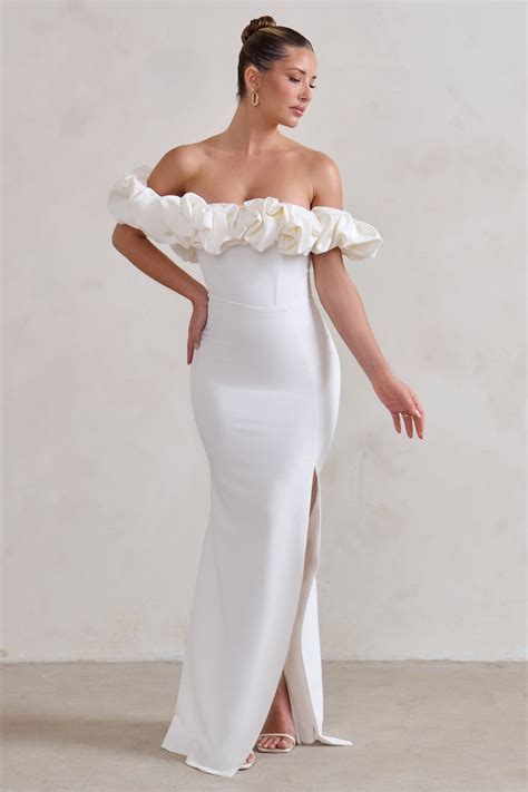 Esmeralda White Structured Statement Bardot Maxi Dress Club L London