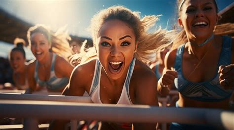 Premium AI Image | Sports hurdles and team of women on track running in ...