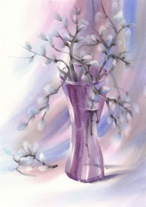Pussy Willow Branches In The Violet Glass Vase Watercolor Stock Illustration Illustration Of
