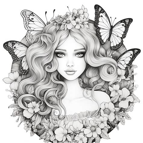 Un Dibujo De Una Mujer Con Mariposas Y Flores En El Cabello Ai