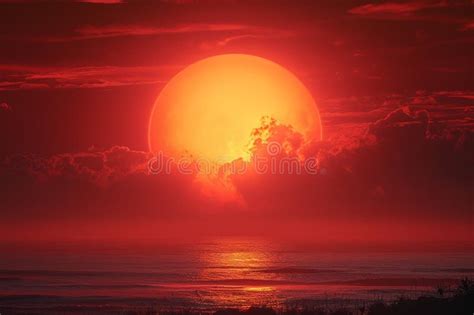 Sizzling Horizon The Red Sun Blazes In Scorching Hot Weather Stock