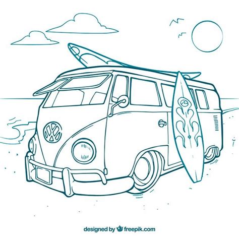 Surfer Van Free Vector Freepik Freevector Hand Beach Hand Drawn