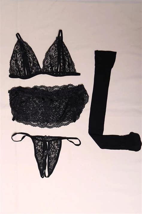 Black Lace Open Cup Lingerie Set With Garter And Stockings Elegant Etsy