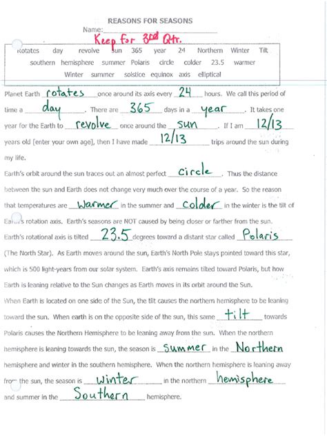 Reasons For Seasons Worksheet Answer Key