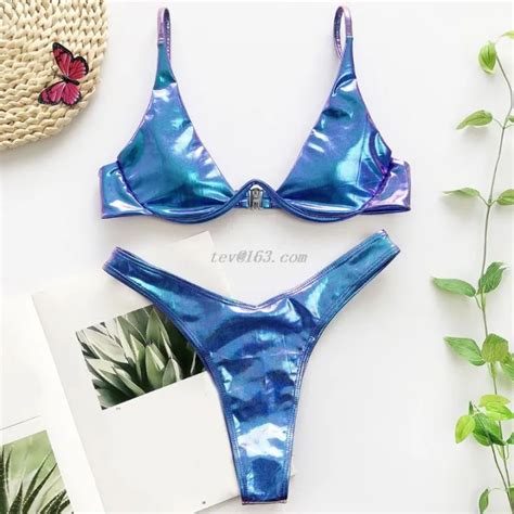 Women Summer Sexy Swimming Suit Bikini Set Holographic Shiny Metallic Swimsuit Push Up Padded
