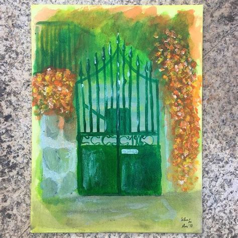 A Painting Of An Iron Gate With Flowers On It