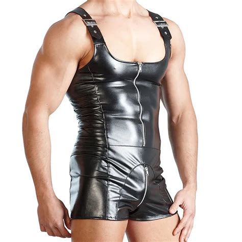 Mens Sexy Pvc Faux Leather Wet Look Underwear Bodysuits One Piece