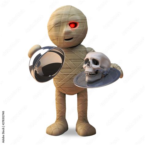 Generous Cartoon Egyptian Mummy Monster Offers A Skull On A Silver Tray 3d Illustration Stock