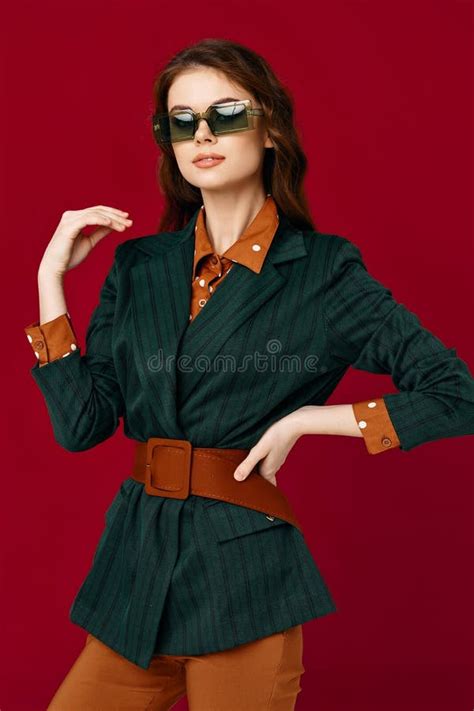 Brunette Wearing Sunglasses Jacket Fashion Clothing Posing Red Background Stock Photo Image Of