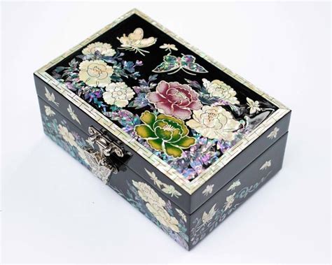 Mother Of Pearl Box Abalone Shell Black Lacquer Seashell Inlay Wooden