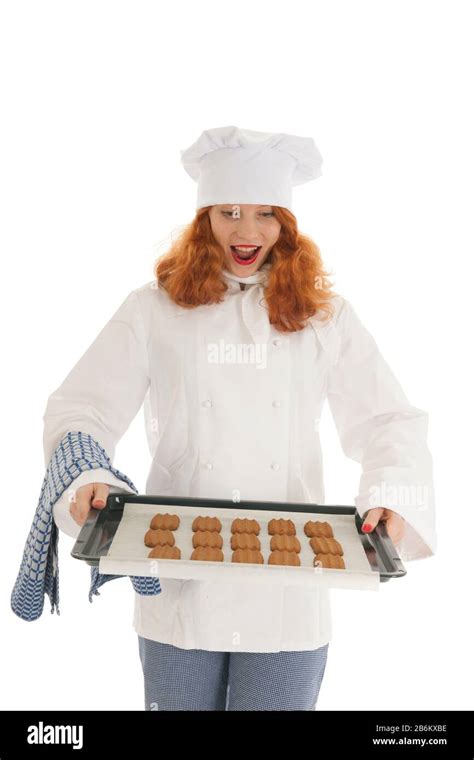 Female Baker Chef With Red Hair Isolated Over White Background Stock