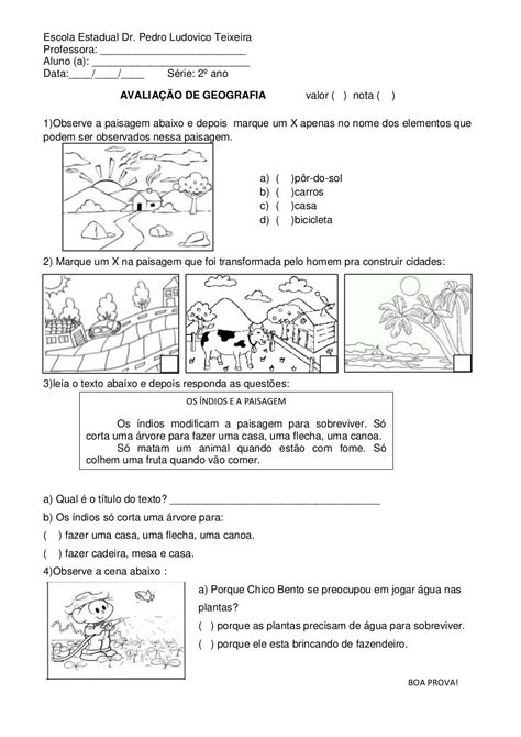 Avaliacao De Geografia 3 Ano - Avaliação De Geografia Sobre Paisagem Natural E Modificada 3o Ano - NAZAEDU