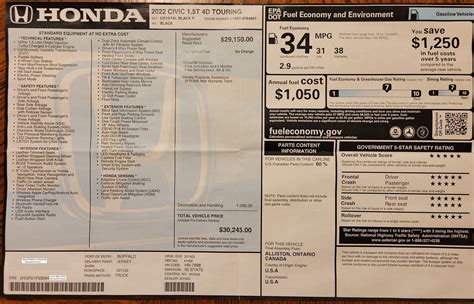 2022 Honda Civic Touring Window Sticker 11th Gen Civic Forum