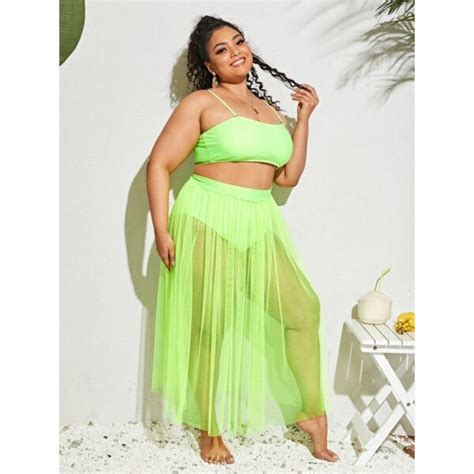Plus Size Neon Green Piece Bikini Set With Skirts Swimwear India